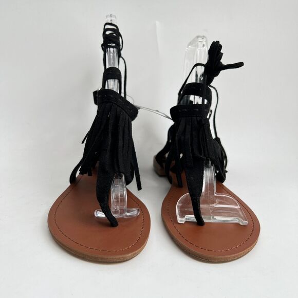 Forever 21 Sandals Women Size 6.5M Black Fringe Thong Up Leg Ties - Picture 4 of 13